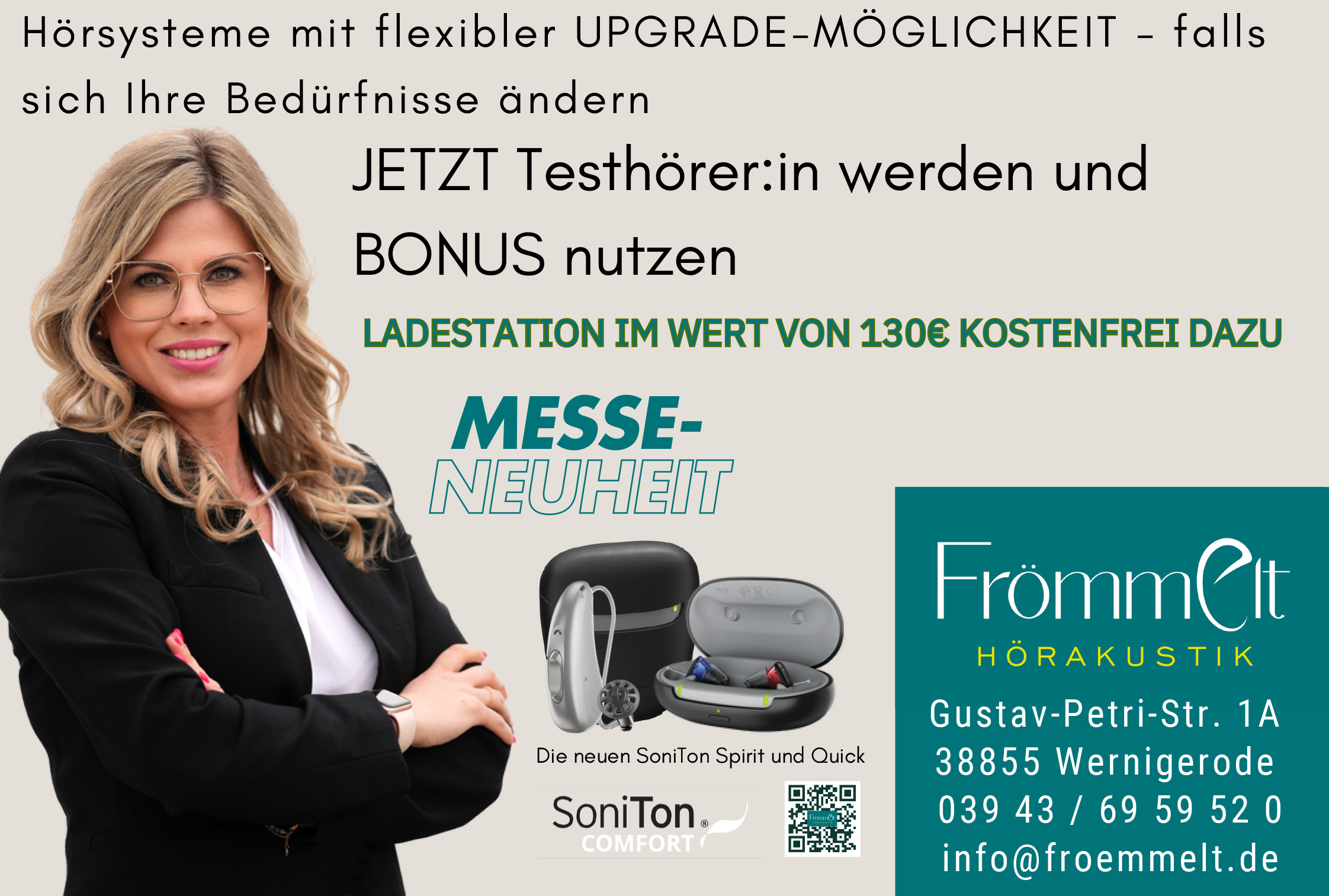 Werbung für Hörsysteme mit Upgrade-Möglichkeit und Bonusangebot.